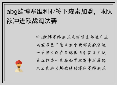 abg欧博塞维利亚签下森索加盟，球队欲冲进欧战淘汰赛